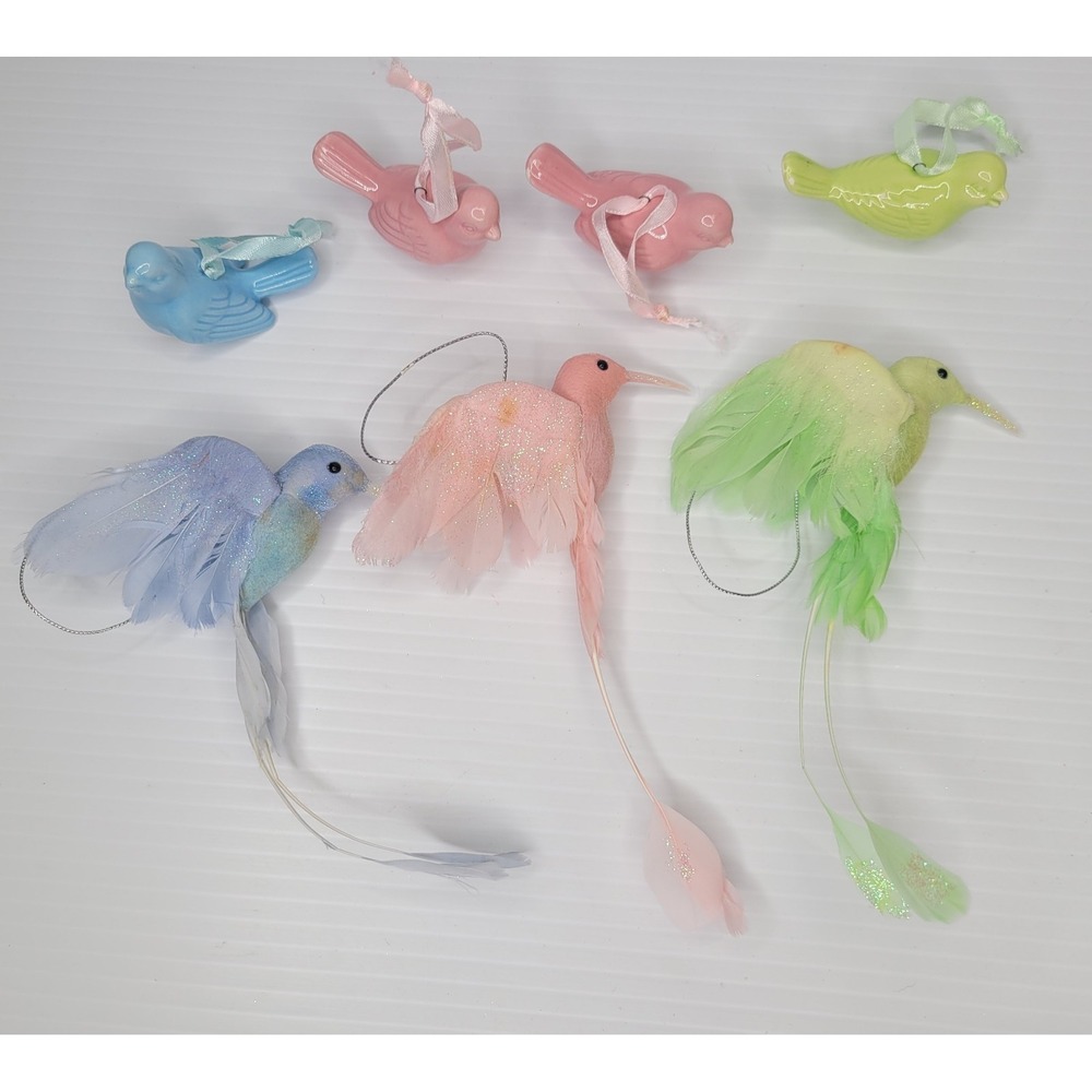 Set of 7 Pier 1 Spring Time Ornaments‎ - Ceramic Birds & Birds w/ Feathers